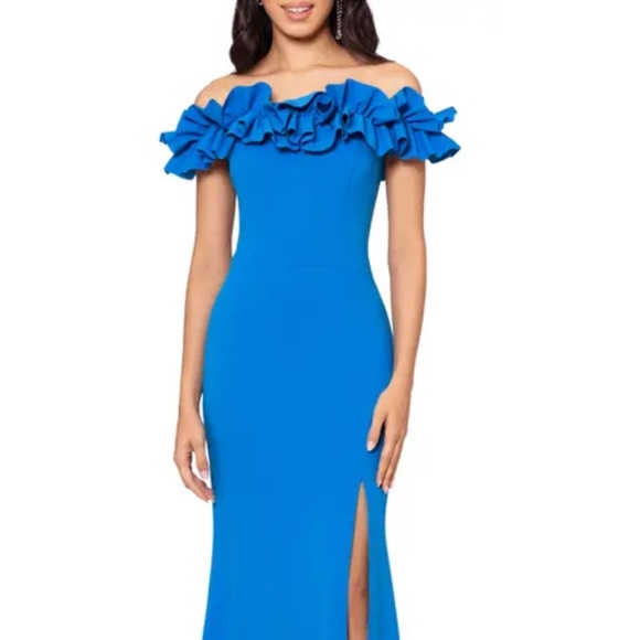 Xscape Evenings Off the Shoulder Ruffle Crepe Trumpet Gown size 6 NWT $258 - Picture 5 of 15